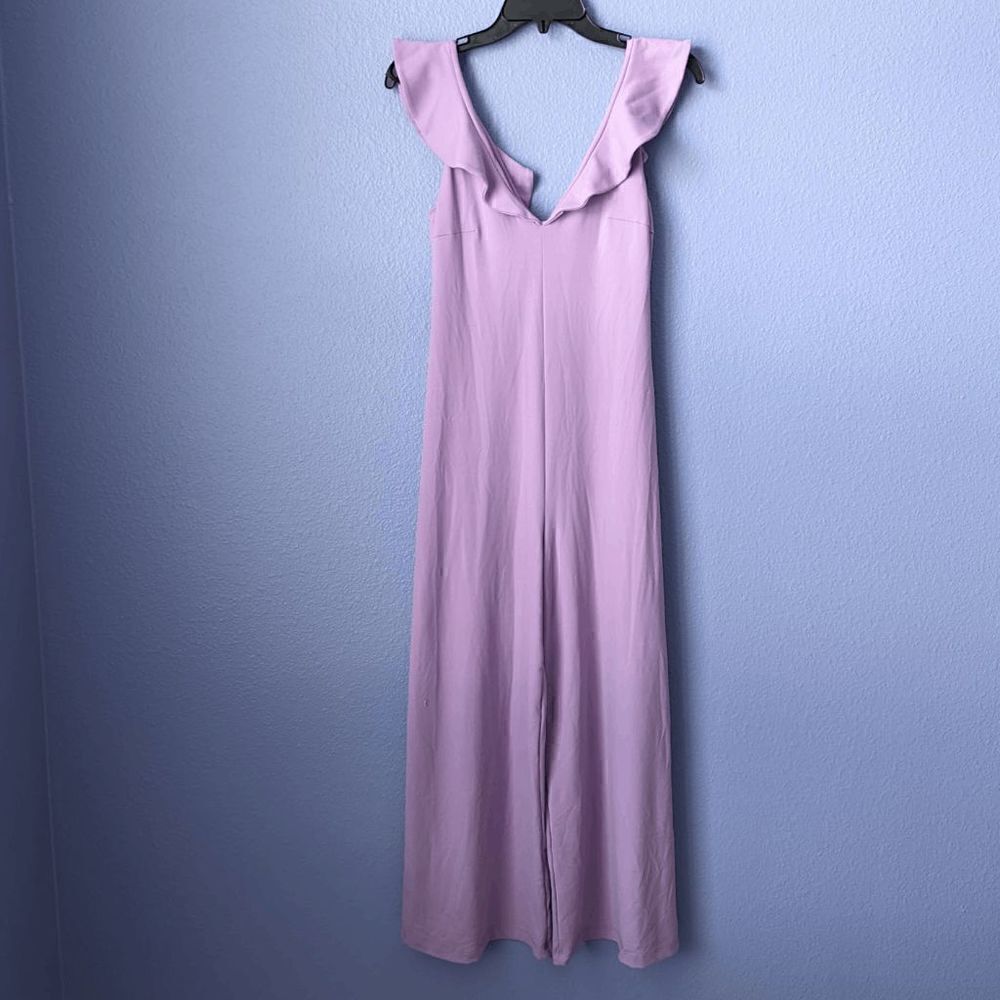 NWT Susana Monaco Violet Jumpsuit Ruffle Shoulder Wide Leg Stretch Nylon Spandex - Picture 1 of 9